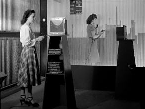 Female computers at the National Advisory Committee for Aeronautics (NACA) Lewis Flight Propulsion Laboratory copy pressure readings from rows of manometers below the 18- by 18-inch Supersonic Wind Tu...