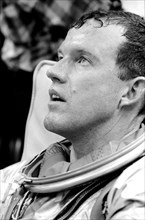 Astronaut L. Gordon Cooper Jr., prime pilot for the Mercury-Atlas 9 (MA-9) mission, is pictured just after his helmet had been removed.
