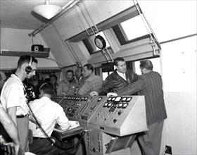 Dr. von Braun inside the blockhouse during the launch of the Jupiter C/Explorer III in March 1958.