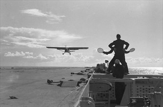 September 24, 1947 - Airplane landing on the Dutch Aircraft Carrier Karel Doorman