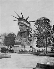 Statue of Liberty History - Head of the Statue of Liberty on display in a park in Paris ca. 1883