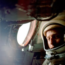 (21-29 Aug. 1965) Astronaut Charles Conrad Jr. inside the Gemini-5 spacecraft as it orbited Earth.