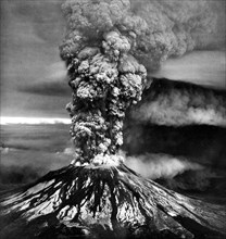 An iconic aerial view of the eruption of Mount St. Helens. Skamania County, Washington. May 18, 1980.