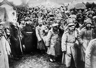 Russian prisoners of war standing outdoors during World War I ca. 1914-1915