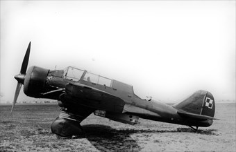 PZL-23, Polish light bomber and reconnaissance aircraft "Karas" airplane at the airport; 1936