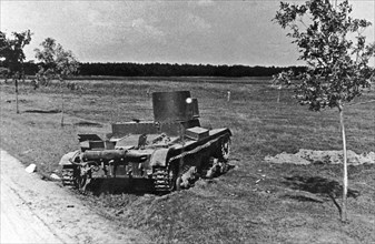 Operation Barbarossa: Broken Russian flamethrower tank KhT-26 (OT-26) destroyed during German invasion of Russia in 1941