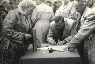 Jadwiga Towarnicka (first from the left) takes part in the ceremonial signing and laying of the foundation act under the building of the new PiMBP headquarters in Suwalki (1960)