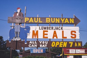 1980s America -  Paul Bunyan Lumberjack Meals sign, Wisconsin Dells, Wisconsin 1988