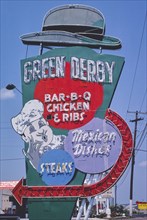 1980s America -  Green Derby Restaurant sign, Jackson, Wisconsin 1982