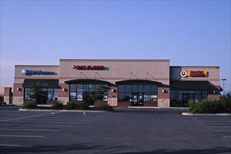 2000s America -  Three stores, Quebec Plaza (AT&T Wireless, 3 Day Blinds, Panda Express), Quebec Street, Denver, Colorado 2004