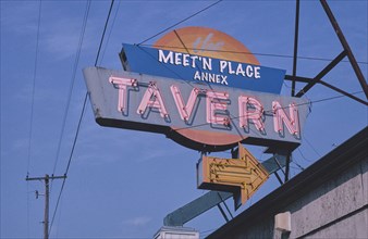 2000s America -  Meet'N Place Tavern sign, Philomath, Oregon 2003