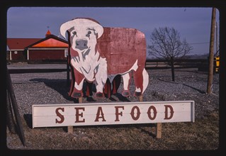 1980s America -  Bull sign, seafood, Chittenango, New York 1988