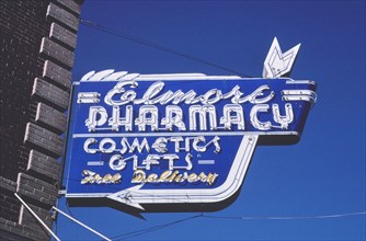 1980s United States -  Elmore Pharmacy sign, Walnut Street, Red Bluff, California 1987