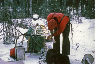 Tom Mercer fixing dog sled ca. March 1974