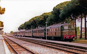 A local train Rimini Ferrara parked in Cervia Milano Marittima - 15 July 1974