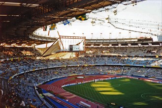 Internal view of the Stadio delle Alpi in Turin on 10 June 1990, on the occasion of the first official match it hosted, the challenge between the national teams of Brazil and Sweden (2-1) valid for th...