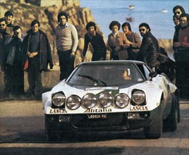 Italian rally driver Raffaele "Lele" Pinto and his co-driver Arnaldo Bernacchini on a Lancia Stratos HF (Group 4) sponsored Alitalia at Ferla special stage valid for the 1975 Rallye Sicily (Palermo — ...