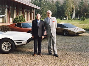 Automobile designers Nuccio Bertone (left, 1914–96) and Chuck Jordan (right, 1927–2020) at Bertone Stile, Caprie, outside of Torino in Northern Italy ca. May 1979