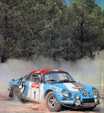 French rally driver Jean-Luc Thérier and his co-driver Jacques Jaubert on an Alpine-Renault A110 1800 (Group 4) sponsored Elf Aquitaine at the 1973 Rallye Sanremo ca. October 1973