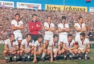 A line-up of U.S. Cagliari in the 1969–70 season, posing inside the Amsicora Stadium in Cagliari (Italy) ca. 1969-1970