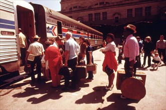 Amtrak train at Union Station in Kansas City, Missouri, being boarded by passengers bound for New York City, June 1974