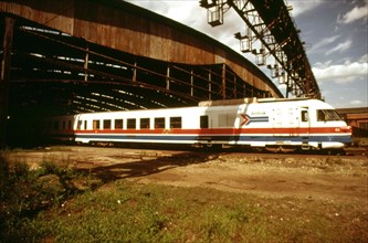 Amtrak turboliner passenger train in the yards at St. Louis Missouri, June 1974