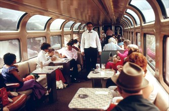 Lounge car of the Southwest Limited, an Amtrak train between Los Angeles, California, and Chicago, June 1974