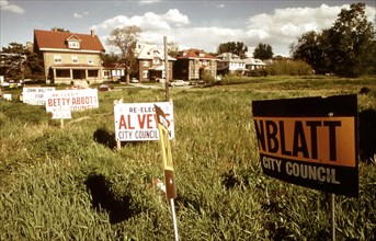 Political signs on Dodge Street, May 1973 Douglas county NE (Omaha or area)