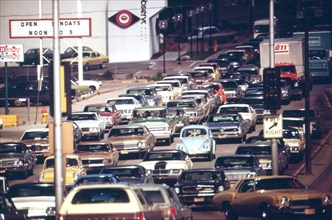 Traffic jam on Dodge Street, one of the city's main thoroughfares, May 1973 Omaha, NE