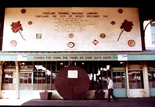 Union Station sign at the Portland, Oregon, terminal welcomes travelers to the City of Roses, July 1974
