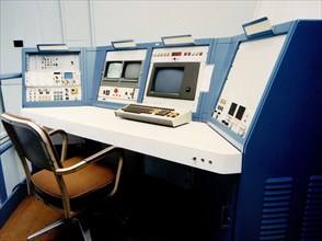 A computer control console at the Boeing Company laboratory
