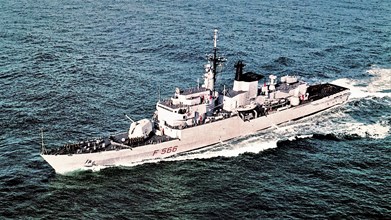 The frigate Perseo (F 566) in navigation at sea (underway) ca. 1980s