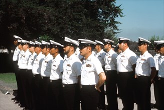 Navy personnel stand at parade rest during an inspection