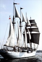 Chilean training ship ESMERALDA under full sail in the Delaware River