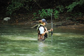 USGS employee conducts measurement at USGS gage 03198500 in Big Coal River at Ashford WV ca. 2010