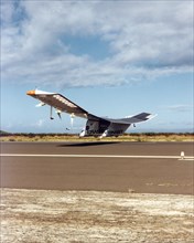 Pathfinder aircraft liftoff on altitude record setting flight of 71,500 feet ca. 1997