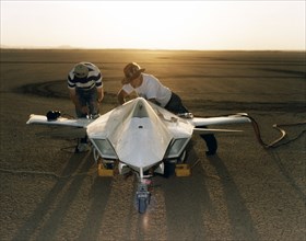 X-36 Being Prepared on Lakebed for First Flight ca. 1997