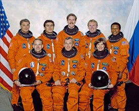 These seven astronauts and one cosmonaut (astronaut group photo) represent the flight crew for the STS-89 mission to Russia's Mir Space Station ca. 1997