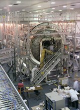 U.S. Laboratory Module (also called Destiny) for the International Space Station (ISS) is shown under construction in the West High Bay of the Space Station manufacturing facility (building 4708) at t...