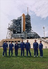 The STS-83 crew poses at Launch Complex 39A
