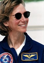 STS-83 Pilot Susan Still talks to the media at Launch Complex 39A during the crew's Terminal Countdown Demonstration Test (TCDT) ca. 1997