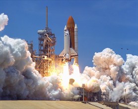 The Space Shuttle Columbia soars from Launch Pad 39A at 2:02 p.m. EDT July 1 to begin the 16-day STS-94 Microgravity Science Laboratory-1 (MSL-1) mission ca. 1997