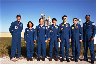 Crew of the STS-87 mission poses at the pad during a break in the Terminal Countdown Demonstration Test (TCDT) at KSC ca. 1997