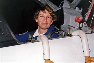 STS-84 Pilot Eileen Marie Collins arrives in a T-38 jet at KSC’s Shuttle Landing Facility ca. 1997