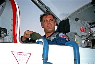 STS-86 Mission Specialist David Wolf arrives in a T-38 jet at KSC’s Shuttle Landing Facility for the Terminal Countdown Demonstration Test (TCDT) ca. 1997