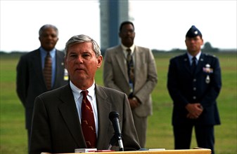 United States Senator Bob Graham of Florida announces important new federal legislation designed to support the nation's continued space industry development ca. 1997