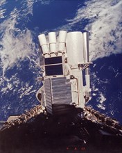 In this photograph, the instruments of the Astro-1 Observatory are erected in the cargo bay of the Columbia orbiter. Astro-1 was launched aboard the the Space Shuttle Orbiter Columbia (STS-35) mission...