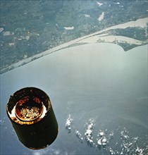 1992 - This onboard photo depicts Florida’s Atlantic coast and the Cape Canaveral area as the backdrop for this scene of the INTELSAT VI’s approach to the Shuttle Endeavour.