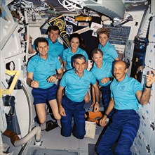 1991 - STS-40 crewmembers pose for onboard (in space) portrait on OV-102's middeck