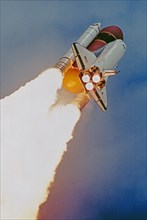 The space shuttle Columbia, with a seven-member crew aboard, soars toward a nine-day mission devoted to life sciences research. Launch was at 9:24:51 a.m. (EDT), June 5, 1991.